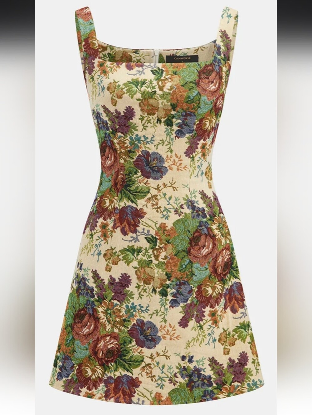Commense Vintage Floral Tapestry Square Neck Mini Dress